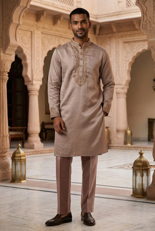 Men'sTaupe Silk Partywear Kurta Pajama Set