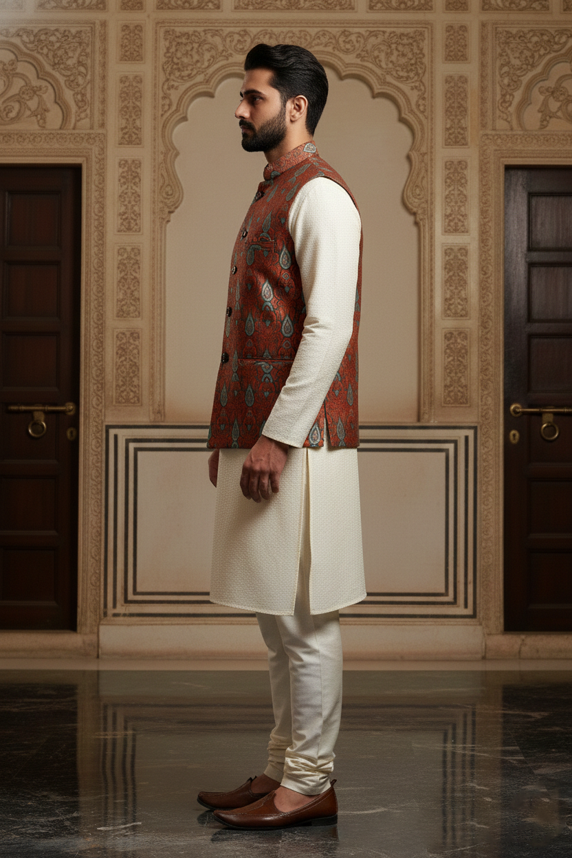 Men’s Rust Orange Printed Nehru Jacket | Ethnic Patterned Mandarin Collar Waistcoat for Festive & Wedding Wear