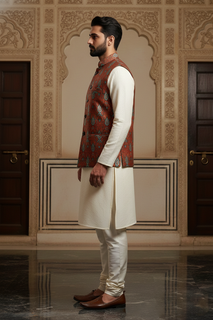 Men’s Rust Orange Printed Nehru Jacket | Ethnic Patterned Mandarin Collar Waistcoat for Festive & Wedding Wear