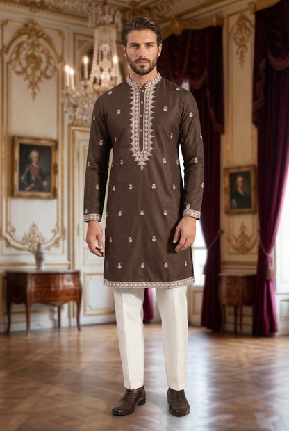 Men's Chocolate Brown Embroidered Kurta with White Trousers