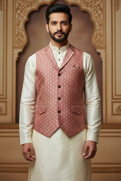 Men’s Pink Jacquard Waistcoat & Cream  Kurta Set