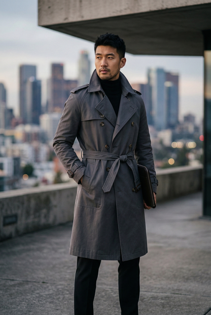 Men'sCharcoal Double-Breasted Urban Trench Coat