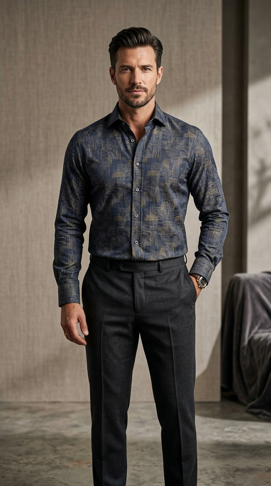 Designer Men'sNavy & Gold Jacquard Shirt , Abstract Cross-Hatch Textured Dress Shirt