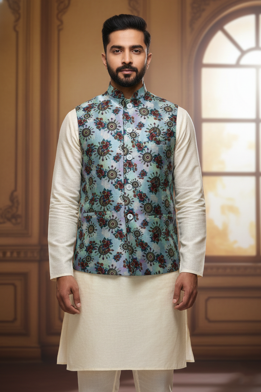 Men’s Teal Floral Nehru Jacket with Ivory Kurta Pajama