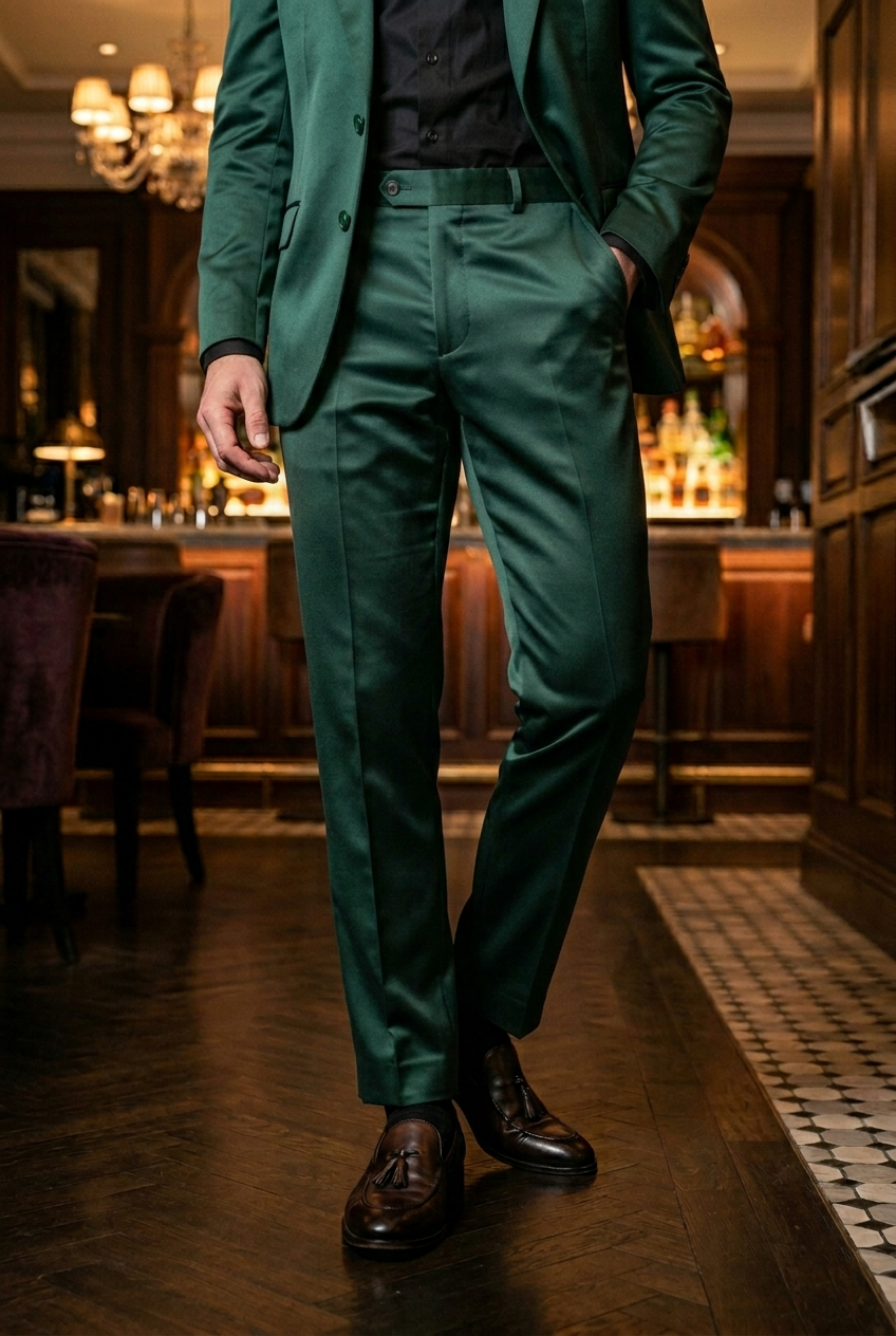 Emerald Green Slim-Fit Luxury Satin Party Trousers