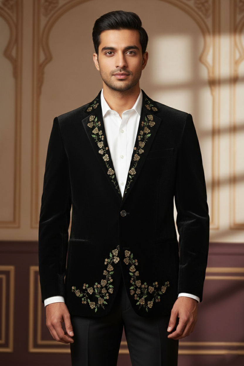 Men'sBlack Velvet Floral Embroidered Blazer