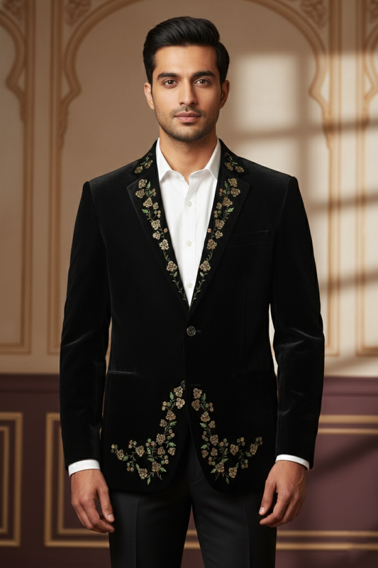 Men'sBlack Velvet Floral Embroidered Blazer