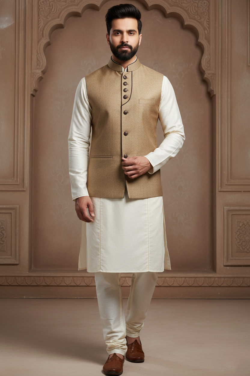 Men’s Sophisticated Beige Gold Nehru Jacket with Contrast Piping
