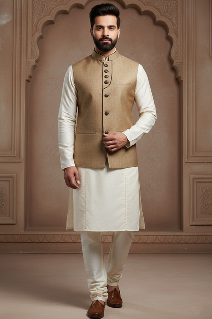 Men’s Sophisticated Beige Gold Nehru Jacket with Contrast Piping