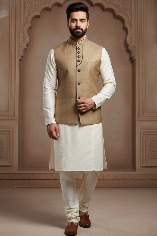 Men’s Sophisticated Beige Gold Nehru Jacket with Contrast Piping