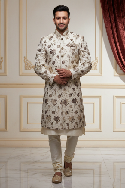 Men'sIvory Floral Embroidered Sherwani