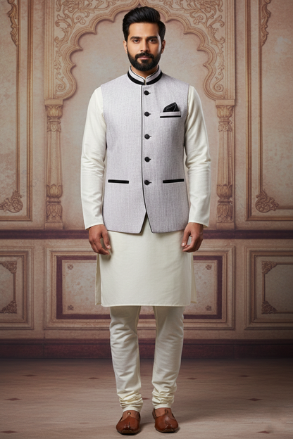 Light Grey Nehru Jacket with Black Trim & Cream  Kurta Set