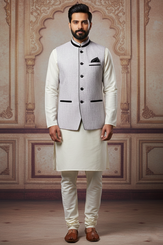 Light Grey Nehru Jacket with Black Trim & Cream  Kurta Set
