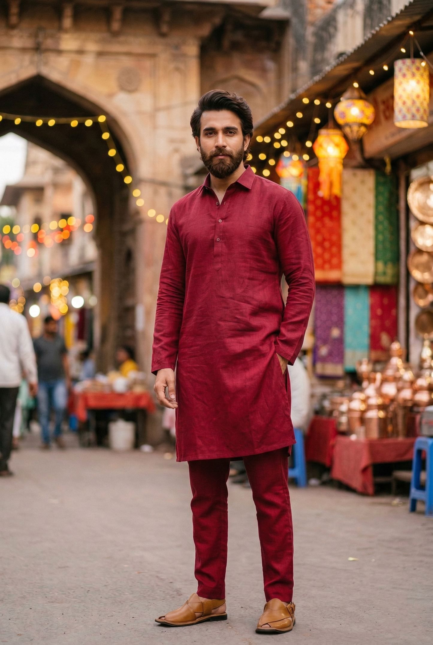 Men's Maroon Linen-Blend Plain Kurta Pajama Se