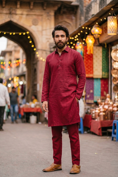 Men's Maroon Linen-Blend Plain Kurta Pajama Se