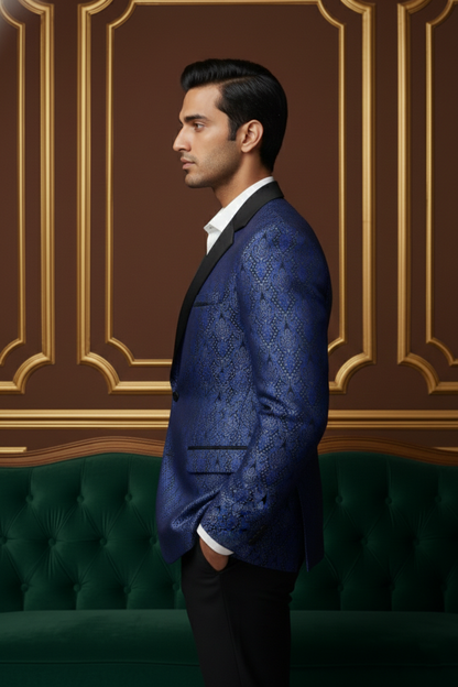 Royal Blue Jacquard Tuxedo Blazer with Satin Peak Lapels