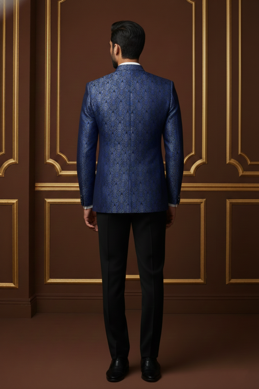 Royal Blue Brocade Bandhgala Jodhpuri Blazer
