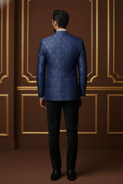 Royal Blue Brocade Bandhgala Jodhpuri Blazer