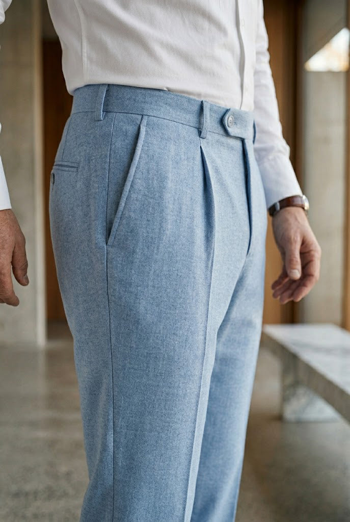Men'sSky Blue Melange Tailored Single-Pleat Trousers