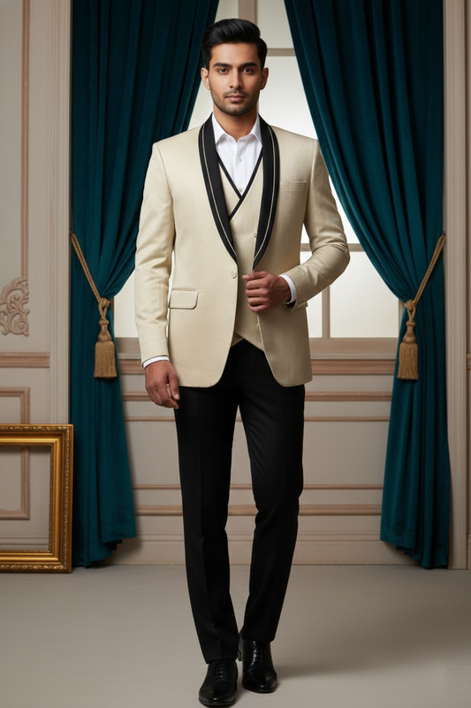 Men's Premium Cream Jacquard Tuxedo 3-Piece Suit Set