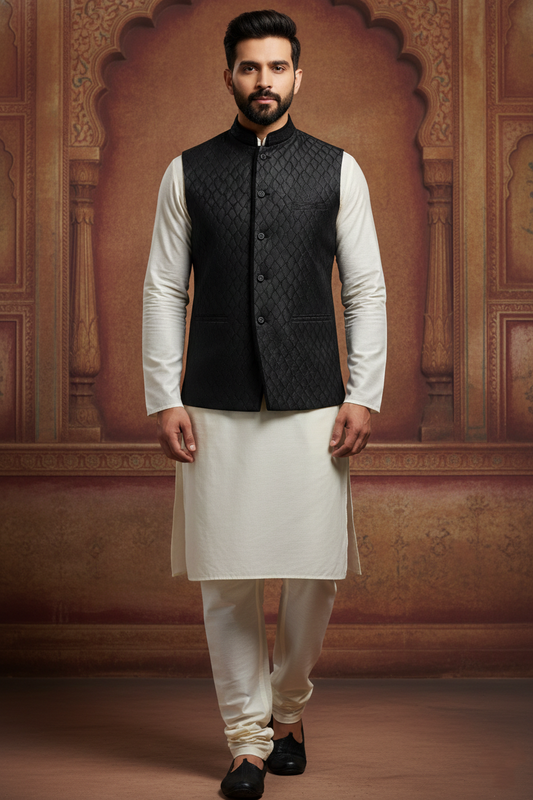 Men’s Black Quilted Nehru Jacket with Ivory Kurta