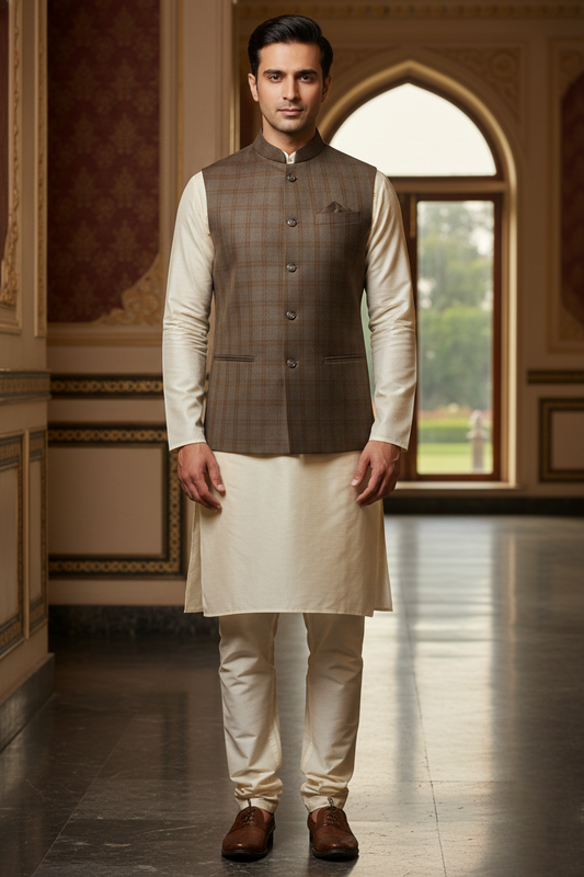 Men's Brown Windowpane Check Nehru Jacket – Classic Slim Fit Ethnic Waistcoat for Weddings & Formal Events