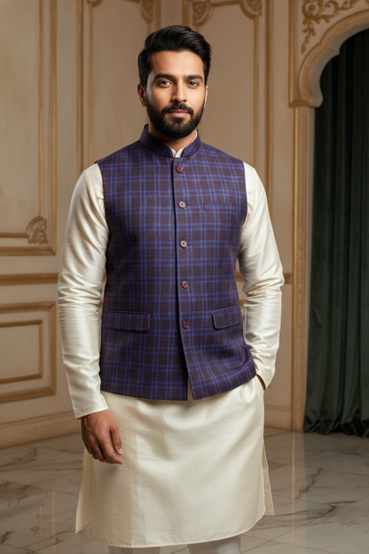 Blue & Purple Checkered Nehru Jacket with Cream  Kurta Set