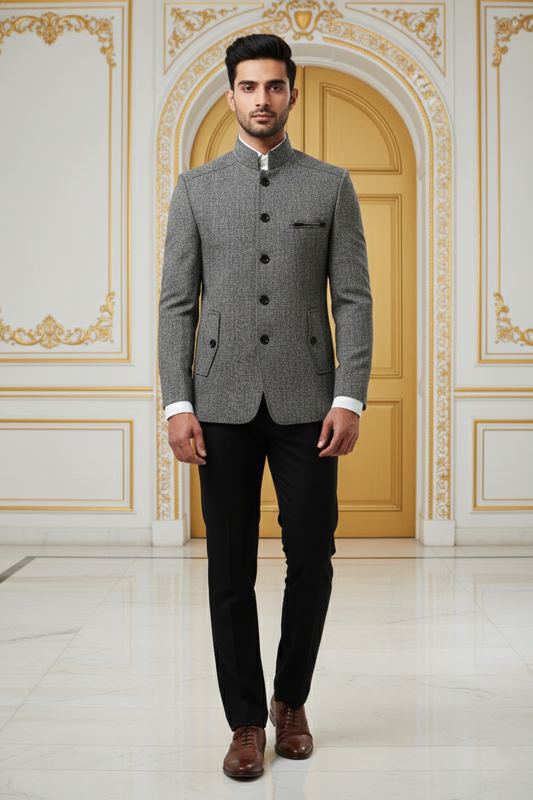 Men's Premium Grey Jacquard Jodhpuri Bandhgala Blazer