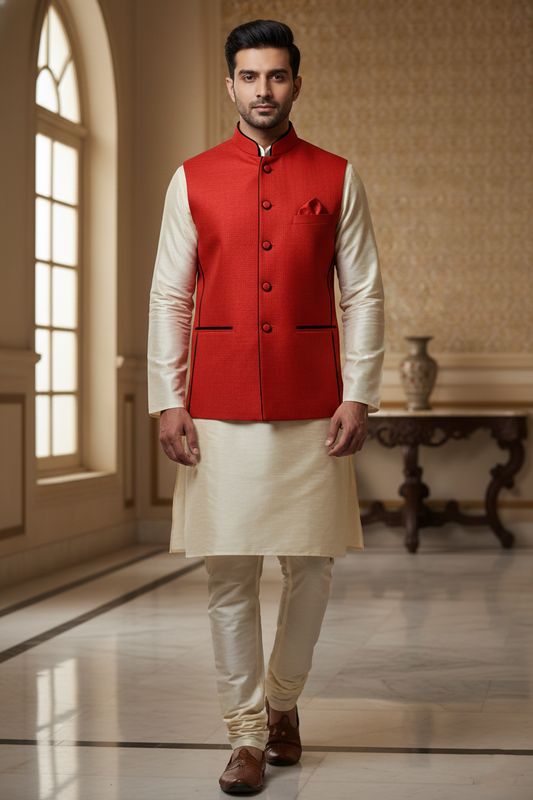 Bright Red Nehru Jacket with Cream Kurta Set