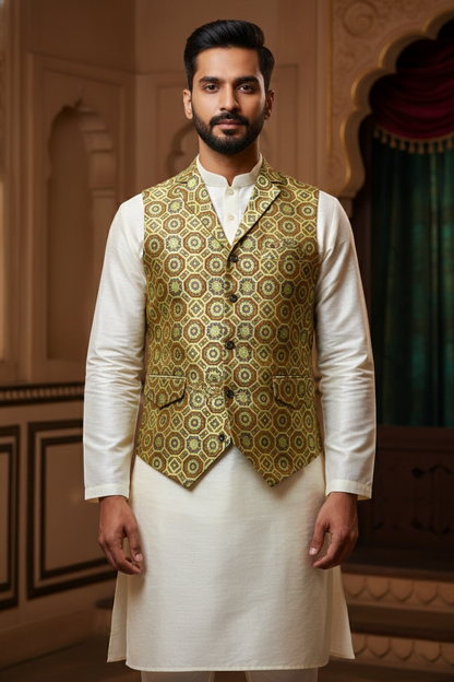 Men's Premium Geometric Print Nehru Jacket – Slim Fit V-Neck Waistcoat for Ethnic & Casual Wear