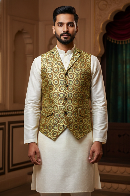 Men's Premium Geometric Print Nehru Jacket – Slim Fit V-Neck Waistcoat for Ethnic & Casual Wear