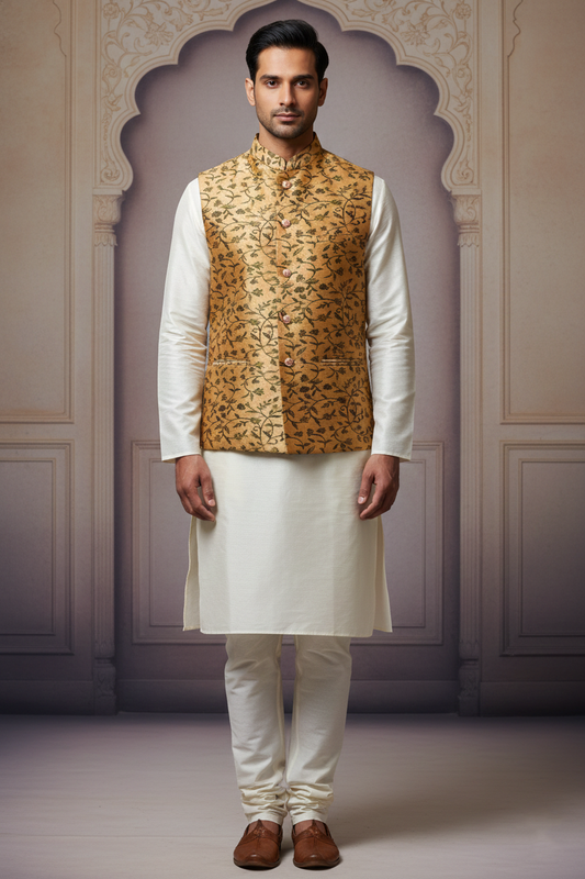 Gilded Foliage: The Golden Silk Brocade Nehru Jacket