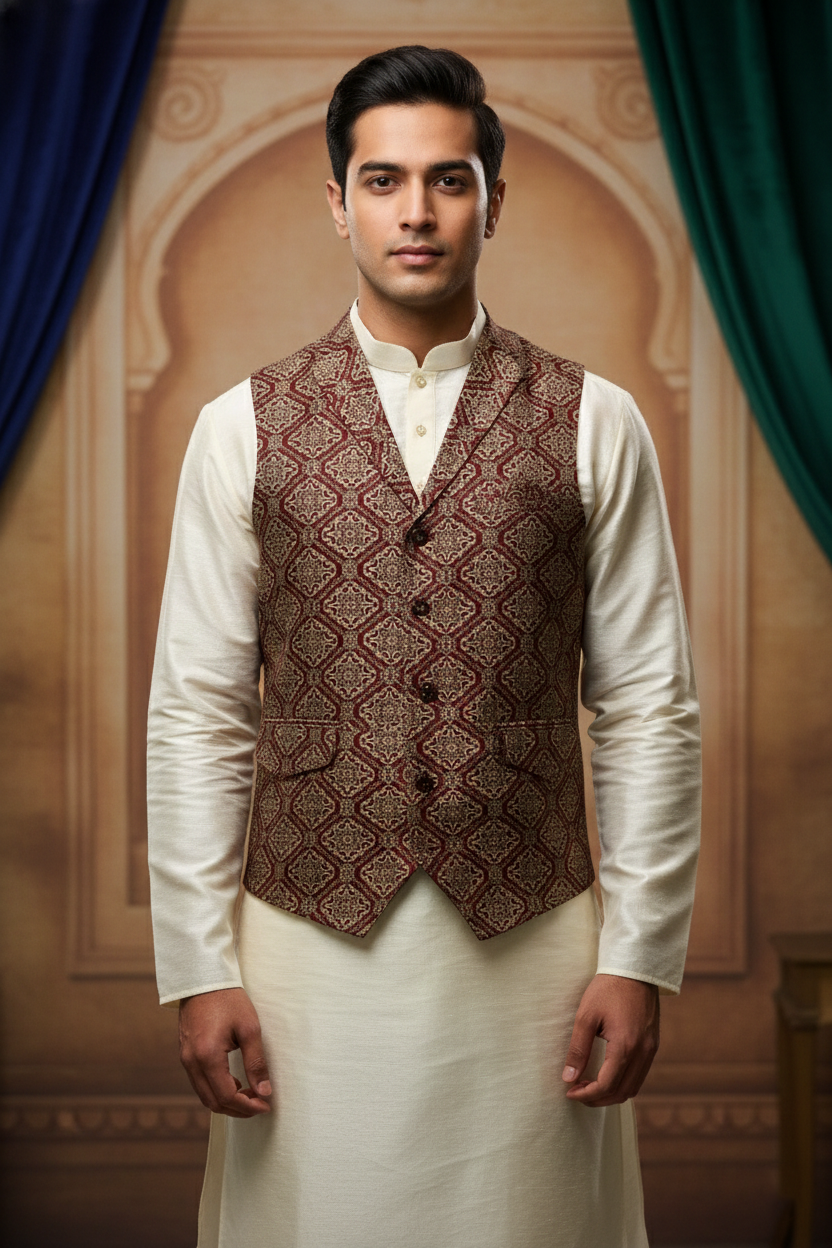 Men’s Light Red Jacquard Silk Waistcoat with Notch Lapel | Slim Fit Festive Vest
