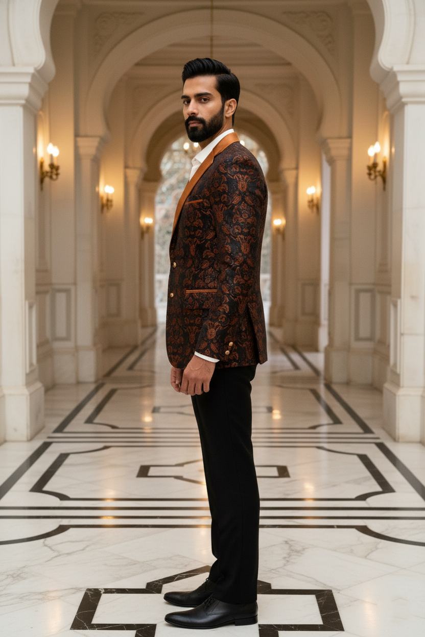 Men'sPremium Rust & Black Damask Jacquard Party Blazer , Slim Fit Tuxedo with Satin Shawl Lapel