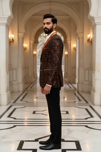 Men'sPremium Rust & Black Damask Jacquard Party Blazer , Slim Fit Tuxedo with Satin Shawl Lapel