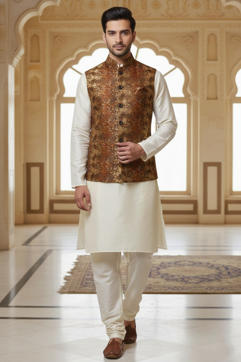 Men’s Brown Printed Nehru Jacket Kurta  Pajama