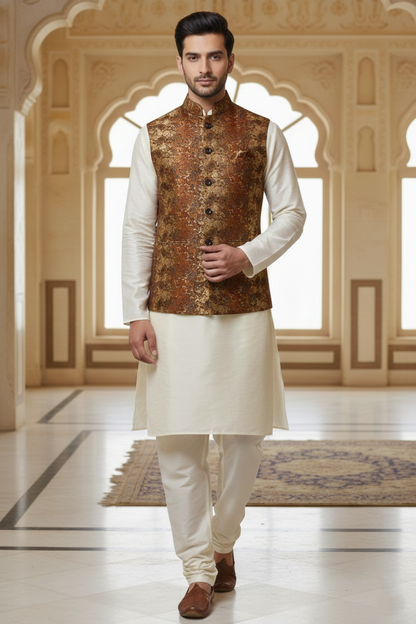 Men’s Brown Printed Nehru Jacket Kurta  Pajama