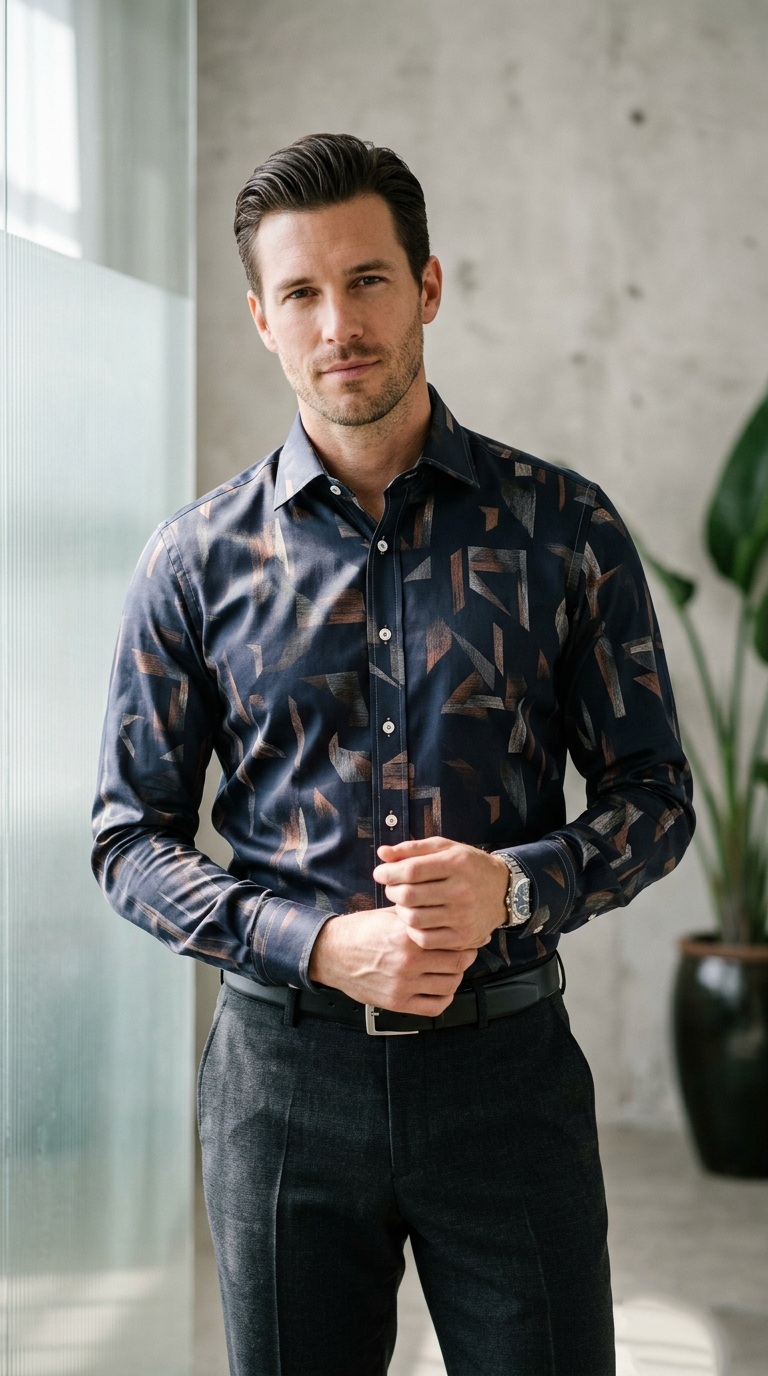 Designer Men'sAbstract Shattered Geometric Shirt , Navy & Copper Fragmented Print