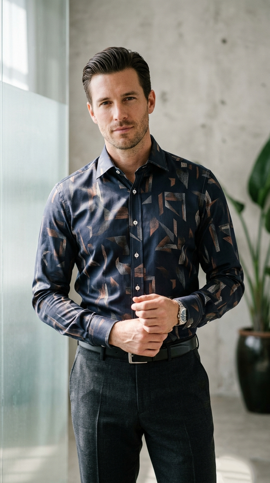 Designer Men'sAbstract Shattered Geometric Shirt , Navy & Copper Fragmented Print