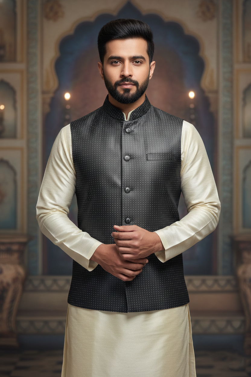 Men's Charcoal Grey Dotted Nehru Jacket – Slim Fit Metallic Ethnic Waistcoat for Weddings & Receptions