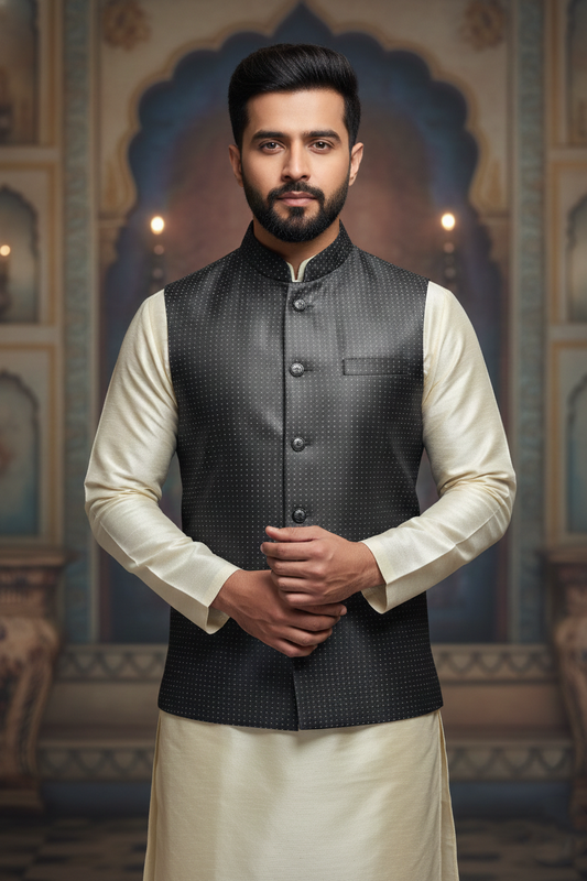 Men's Charcoal Grey Dotted Nehru Jacket – Slim Fit Metallic Ethnic Waistcoat for Weddings & Receptions