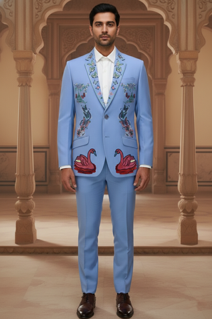 Royal Blue Designer Blazer with Rose Garden Floral Embroidery , Premium Slim Fit Wedding Tuxedo