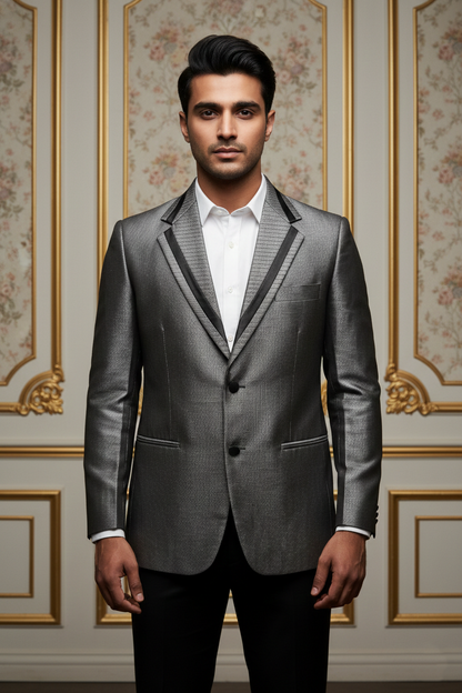 Men's Metallic Grey Textured Blazer with Contrast  Trim