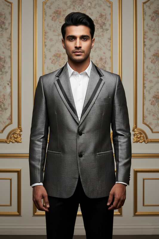 Men's Metallic Grey Textured Blazer with Contrast  Trim