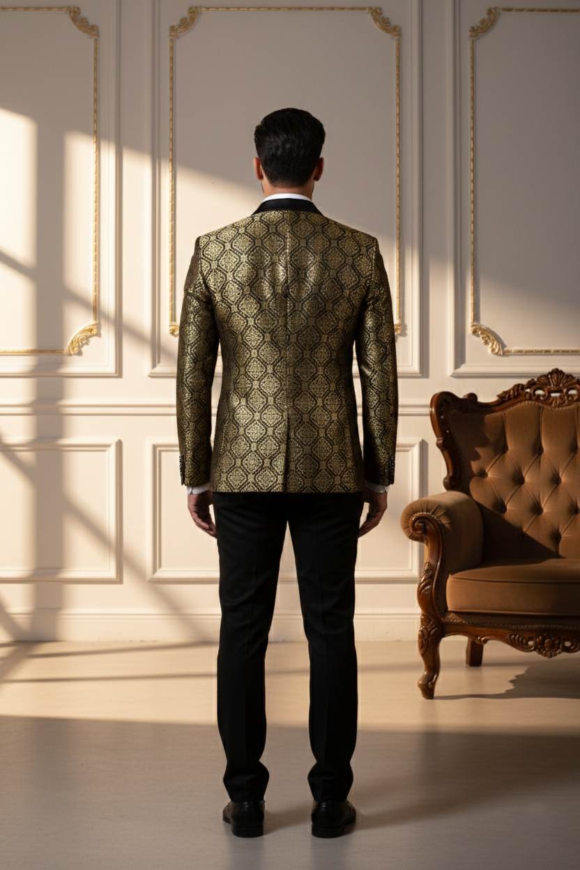 Men's Royal Gold & Black Banarasi Brocade Tuxedo Blazer , Slim Fit Evening Tux with Shawl Lapel