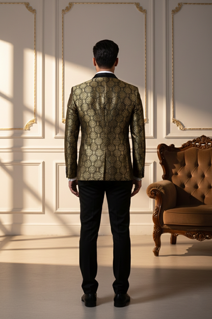 Men's Royal Gold & Black Banarasi Brocade Tuxedo Blazer , Slim Fit Evening Tux with Shawl Lapel