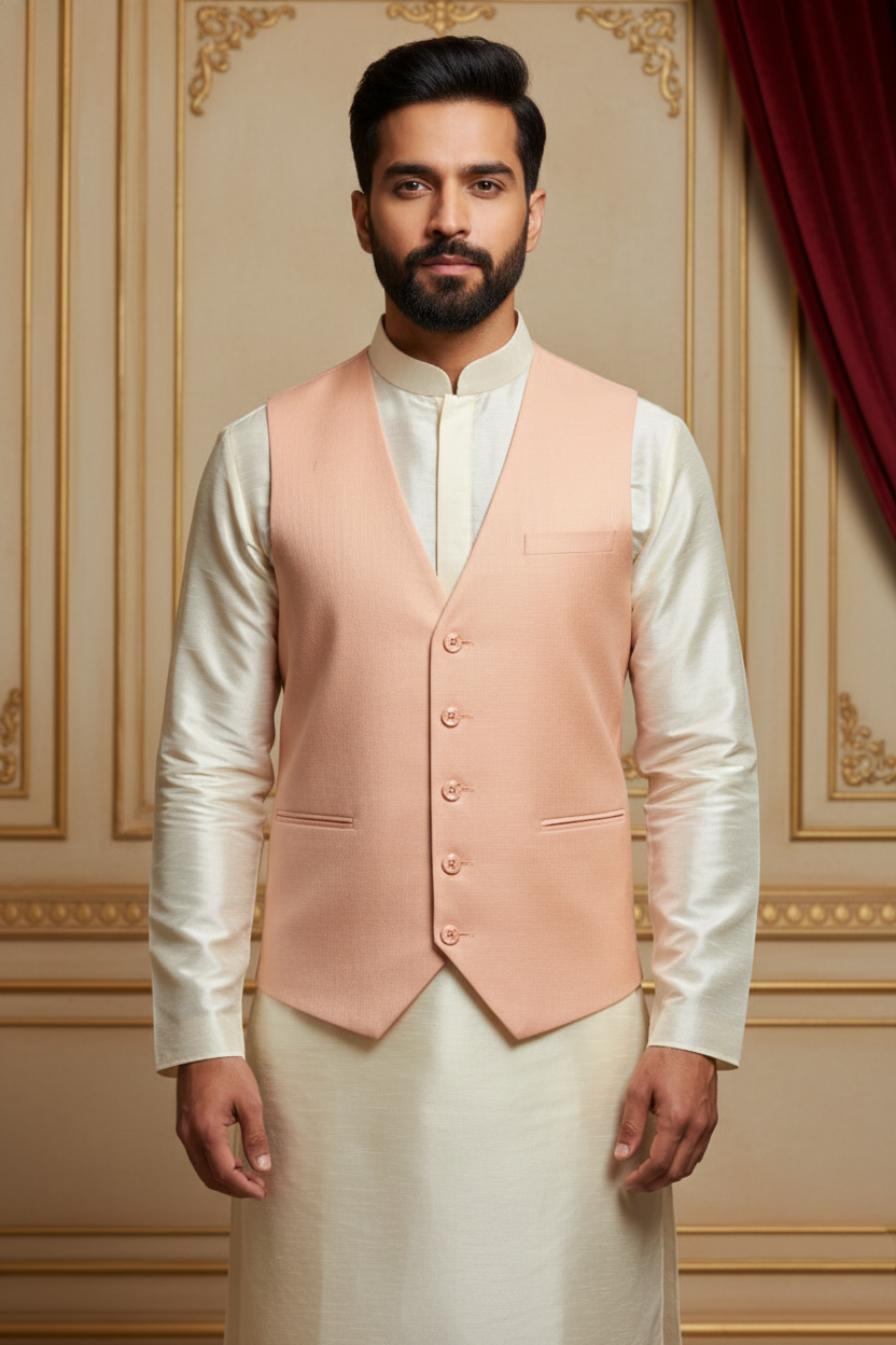 Men’s Peach Solid Formal Waistcoat | Slim Fit Classic Vest