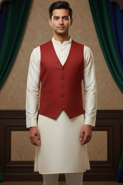 Men’s Red Jacquard Silk Waistcoat with Notch Lapel | Slim Fit Festive Vest