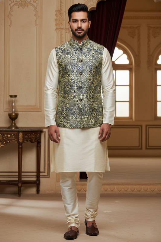 Artisanal Heritage: The Cerulean Tile Print Nehru Jacket