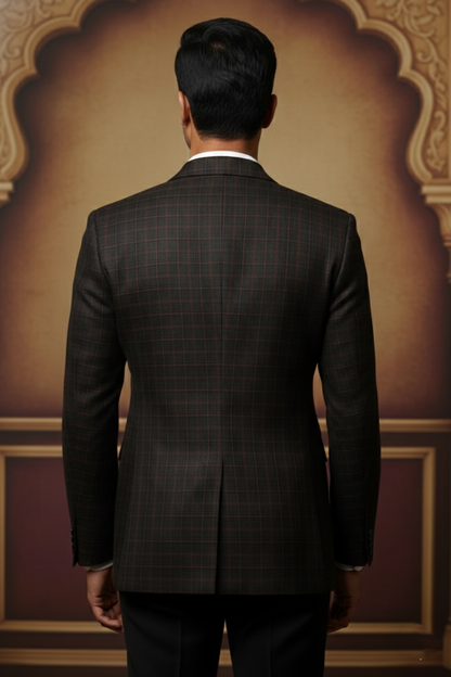 Men's Slim Fit Windowpane Check Blazer - Charcoal Grey & Rust Plaid Sport Coat - Formal Jacket for Weddings and Business